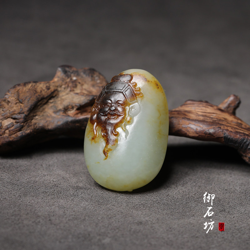 On sale Royal Stone square Xinjiang Hetian Jade white jade seed material Jujube red skin Red Qin God of wealth pendant 31 7g Non-negotiable