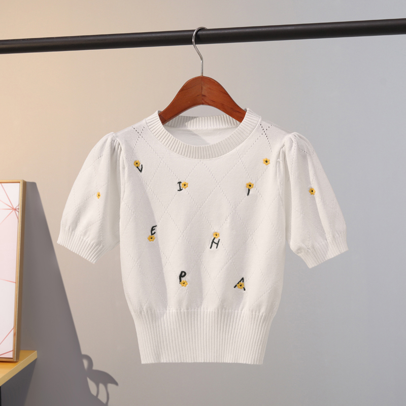 Waist-Cinching T-Shirt with Embroidery, Short-Sleeved, Petite, Cropped, Pullover, Loose, Slimming, Base Shirt, Summer Ice Silk Top for Women, Trendy