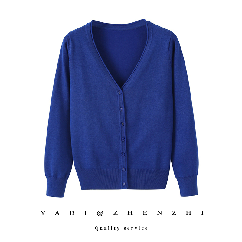 Spring and Autumn Mother's Cardigan, Age-Reducing Versatile Knitted Cotton Jacket, Royal Blue V-Neck Plus-Size Top, Solid Color Sweater