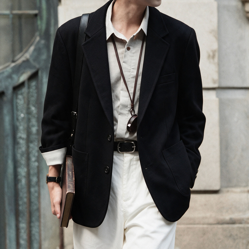 Bgyo Luqi Casual Notched Lapel Woolen Blazer for Men, Heavyweight High-End Single-Breasted Double-Button Suit
