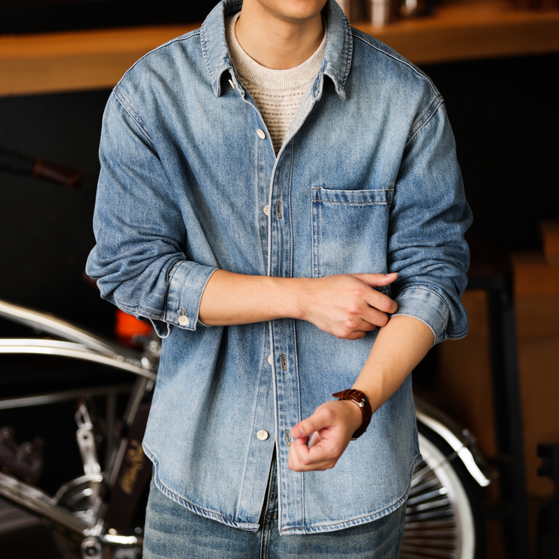 Bgyo Luqi American Vintage Gradient Washed Denim Shirt for Men, Layered Casual Outerwear Jacket Bgyo Luqi American Vintage Gradient Washed Denim Shirt for Men, Layered Casual Outerwear Jacket