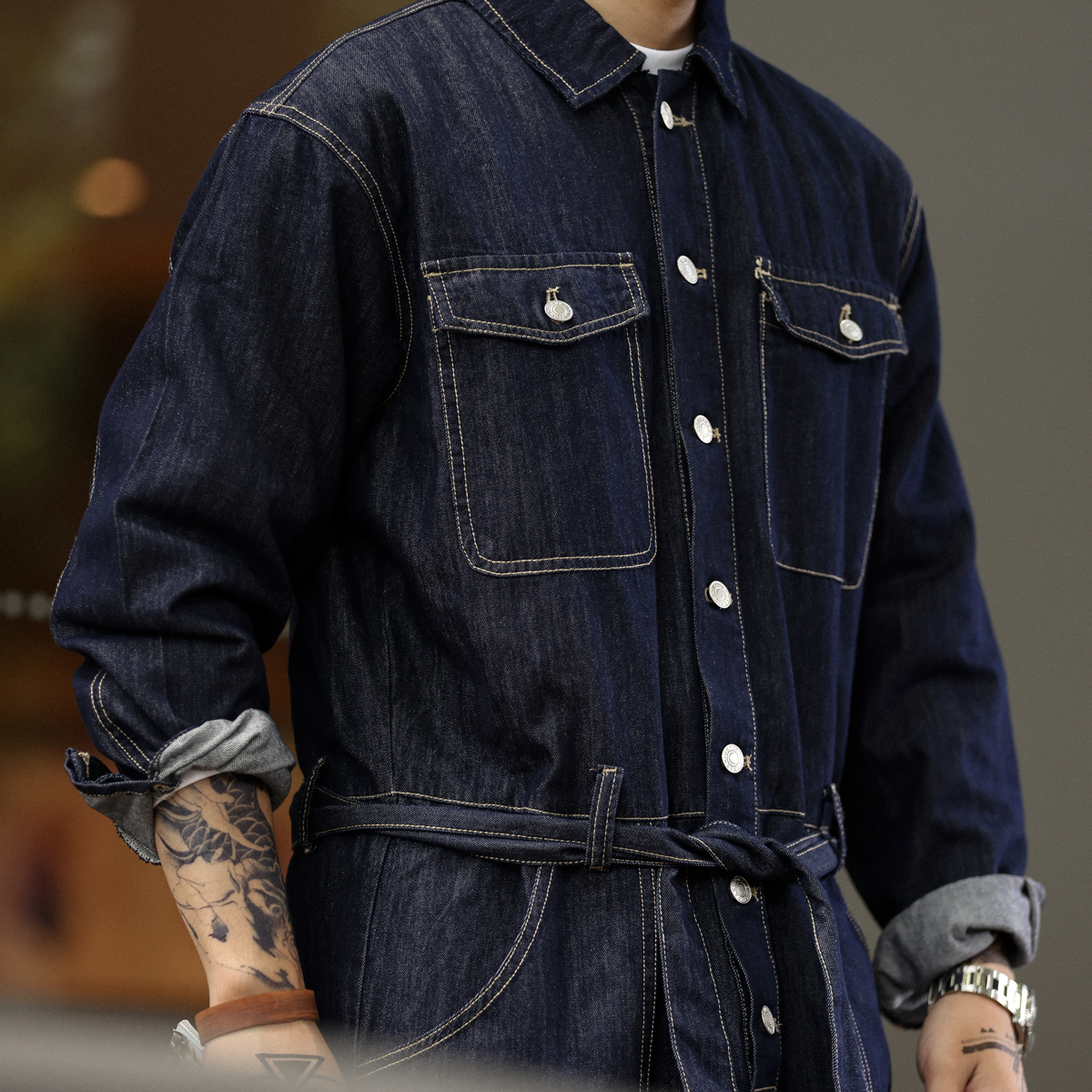 BGYO アメリカンレトロデニムオーバーオール メンズ オリジナル牛カラー ゆったりストレート 和風 長袖 ワークウェア ジャンプスーツ