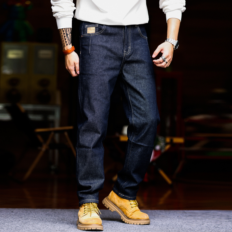 Bgyo Luqi American Retro Dark Blue Jeans for Men, Heavy Stretch Casual Amekaji Denim Long Pants