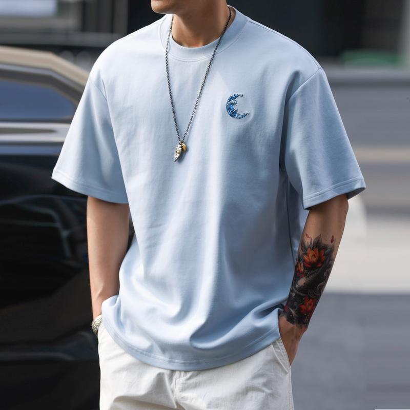 Bgyo Luqi Air Layer Dopamine Blue Short-Sleeve T-Shirt for Men, American Casual Summer Wave Embroidery Base Shirt Bgyo Luqi Air Layer Dopamine Blue Short-Sleeve T-Shirt for Men, American Casual Summer Wave Embroidery Base Shirt