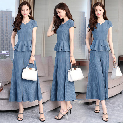 夏季条纹阔腿裤裙裤套装2018新款荷叶边气质