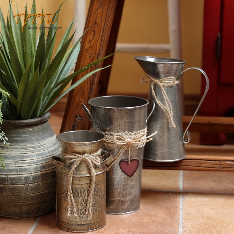 Retro made of old metal color dry flower Bucket American sheet Decorative Electric Silver-coated Vase Iron Art Flower Pot flower cylinder pendulum piece-Taobao