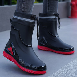 Rain boots for men, rain-proof drawstring drawstring waterproof shoes, non-slip flat-soled rain boots plus velvet overshoes, work lightweight rubber shoes for men