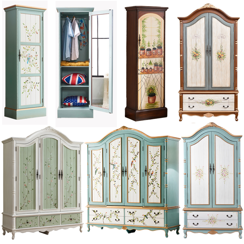 American Solid Wood Wardrobe Bedroom Color Drawing Three Doors Large Wardrobe Fields Garden Retro Two Doors Closet Ostyle Storage Big Closet