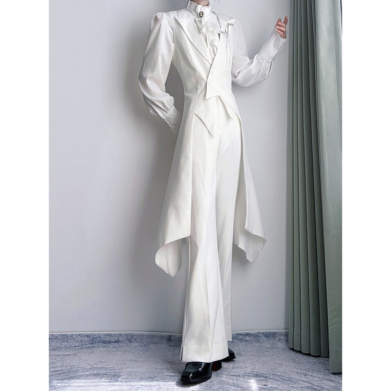 White Suit Uniform with Peaked Lapel, Swallowtail, Long Vest, Unisex, Slim Fit, Waist-Cinching, Mid-Length Vest Jacket, Trendy White Suit Uniform with Peaked Lapel, Swallowtail, Long Vest, Unisex, Slim Fit, Waist-Cinching, Mid-Length Vest Jacket, Trendy