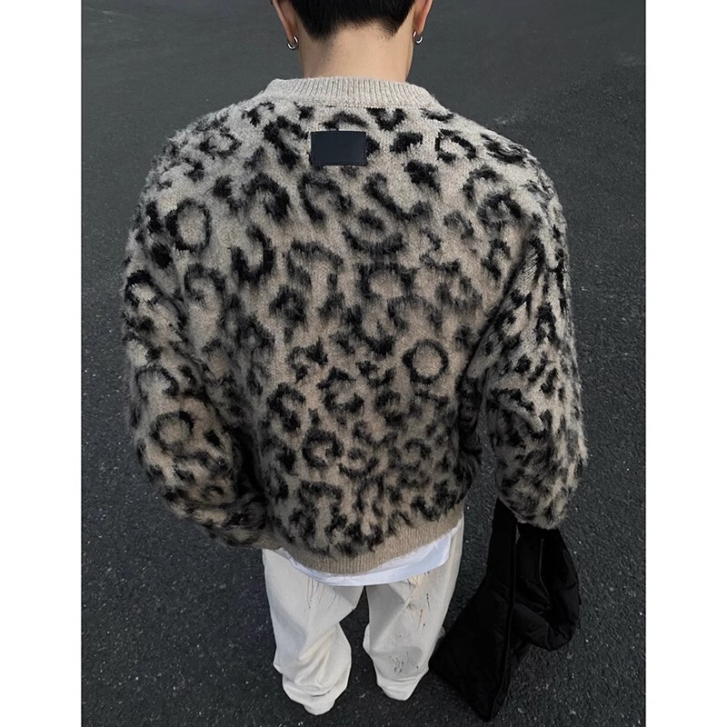 Casual Style Color-Block Leopard Print Brushed Crew Neck Sweater for Men, Trendy Retro Knitwear, Chinese Style High Street High-End Jacket