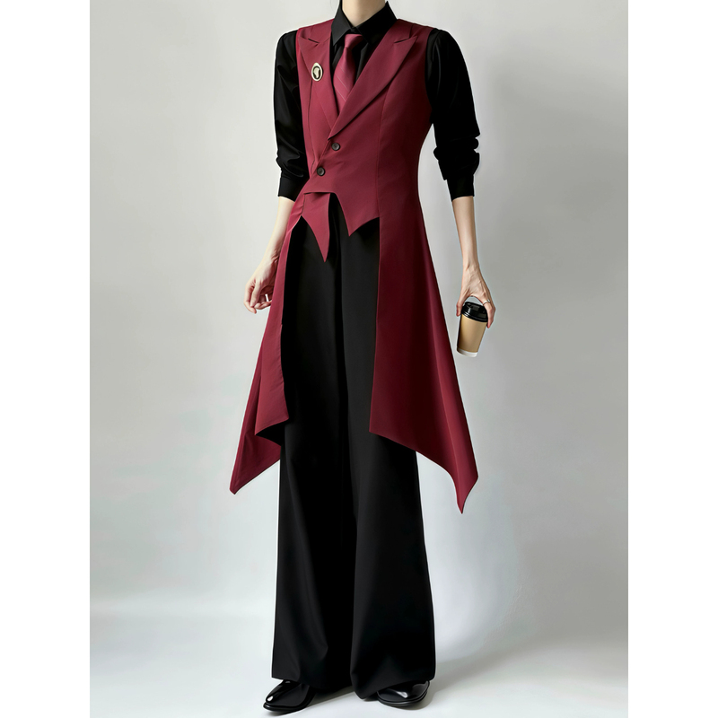 Red Suit Long Vest for Men and Women, Slim Fit, Waist-Cinching, Peaked Lapel, Swallowtail, Suit Vest, Uniform, Red and White Trendy Red Suit Long Vest for Men and Women, Slim Fit, Waist-Cinching, Peaked Lapel, Swallowtail, Suit Vest, Uniform, Red and White Trendy