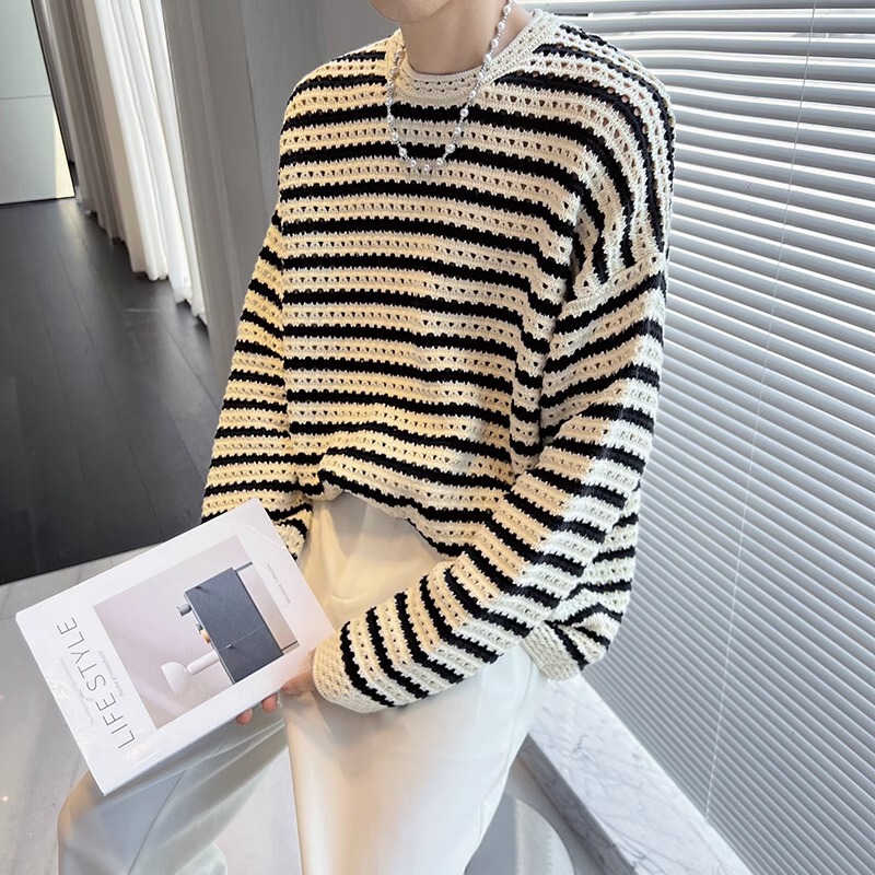 Autumn Retro Hollow-Out Color-Block Striped Knit Sweater for Men, Korean Style, Lazy Vibe, Trendy High-End Base Layer