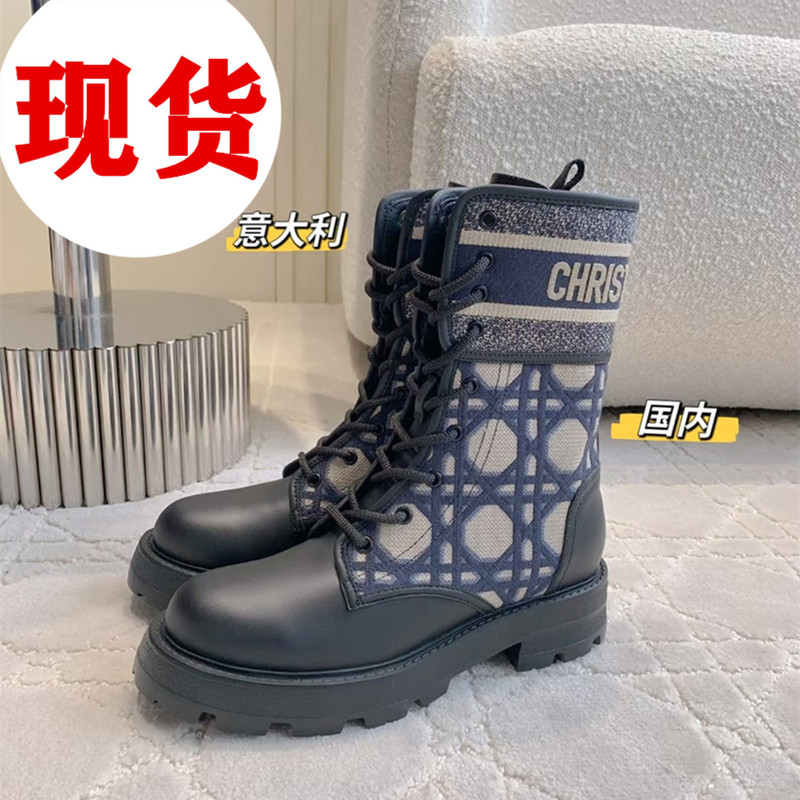 Thick-Soled Short Boots for Women, 2025 Winter New Style, Letter Monogram Embroidery, Genuine Leather Lace-Up Round-Toe Mid-Calf Boots