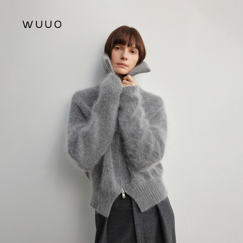 Wuuo 500+ High-Weight Cashmere Sweater for Women, Loose Fit, Lazy Style, Double Zipper, Gray Brushed Turtleneck Sweater