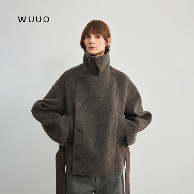 Wuuo "Minxi" Early Spring Short Coat Camel Wool Mulberry Silk Wool Coat Women's Lemair* Stand Collar Silhouette