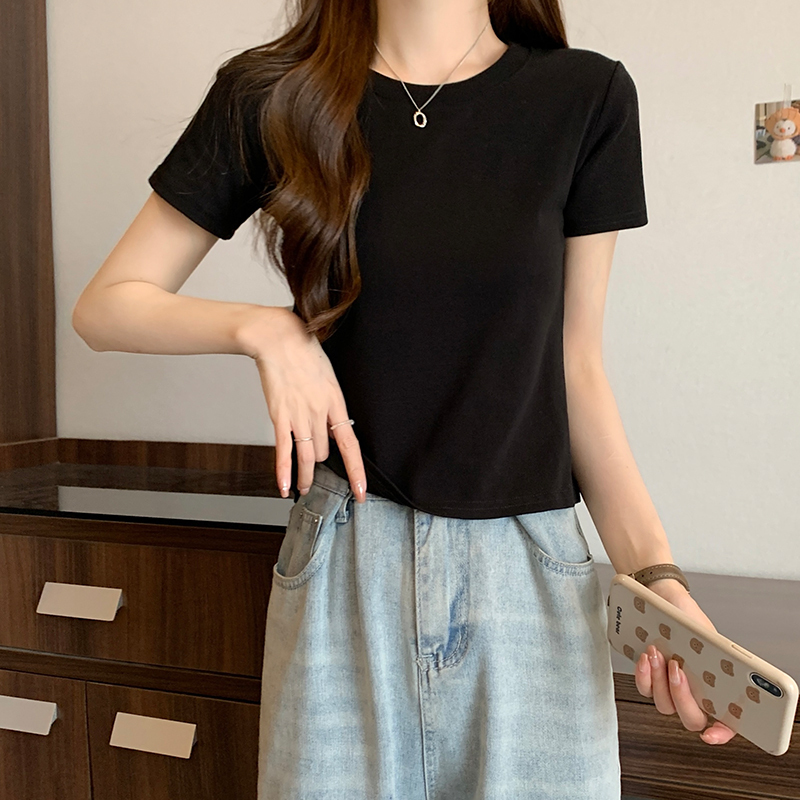 Korean Style Spicy Girl High-Waisted Slim Short T-Shirt for Women, Summer Petite Short-Sleeve Top, Solid Color Basic Regular Shoulder T-Shirt