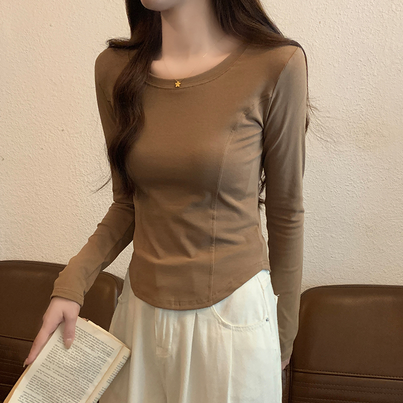 Hong Kong Style Retro Chic Fishbone Line Short Slim-Fit Base Shirt Solid Color Long-Sleeve T-Shirt Women's Curved Round Neck Top