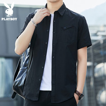 Playboy summer thin short-sleeved shirt mens Korean version of the trendy handsome casual clothes loose blue shirt