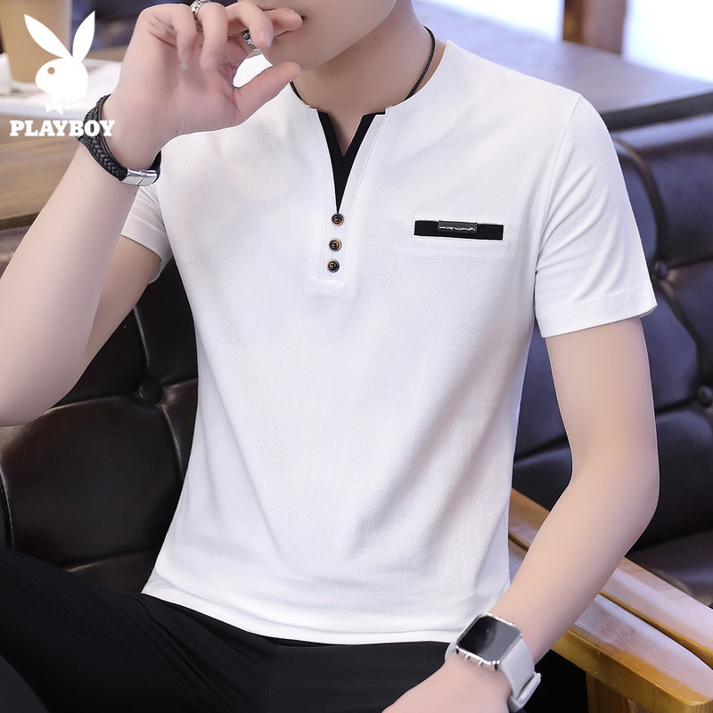 Flower Playboy T-shirt for men thin summer trend white pure cotton upper clothes fall long sleeve T-shirt male short sleeve