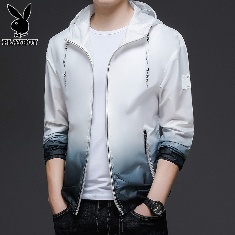 Playboy Gradient Sun Protection Jacket for Men, Summer Thin Ice Silk Trendy Fashion Hooded Jacket for Men