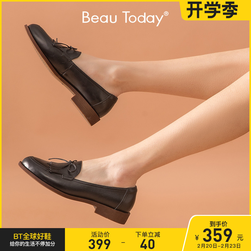 BeauToday spring and autumn new loafers women's shoes thick-heeled flat shoes leather English wind soft leather shoes