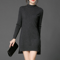Half high neck cashmere sweater womens long pullover 100% pure cashmere dress front short back long loose sweater skirt