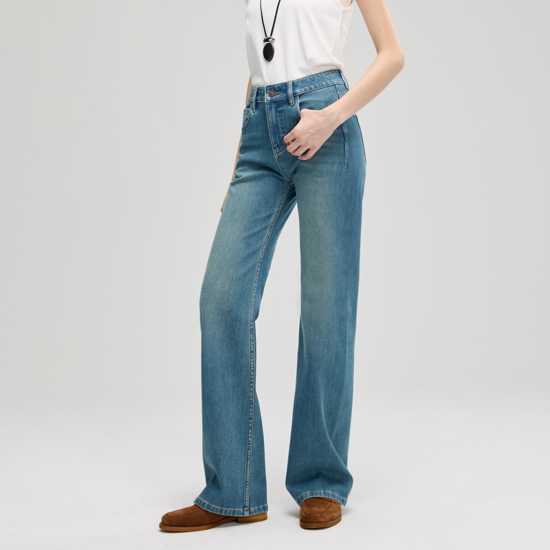 【Big Beard and Big Face Family】Minimalist One-Piece Cut Flared Jeans for Women, Autumn Four-Way Stretch Slim-Fit Long Pants
