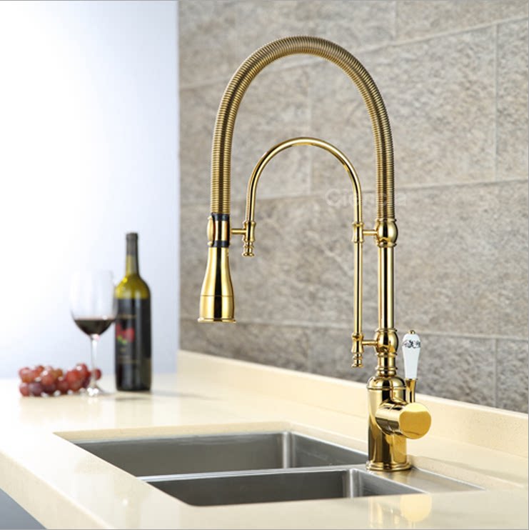 German full copper gold plated chrome silver color rotatable hot and cold kitchen tap spring vegetable basin tap double sink tap