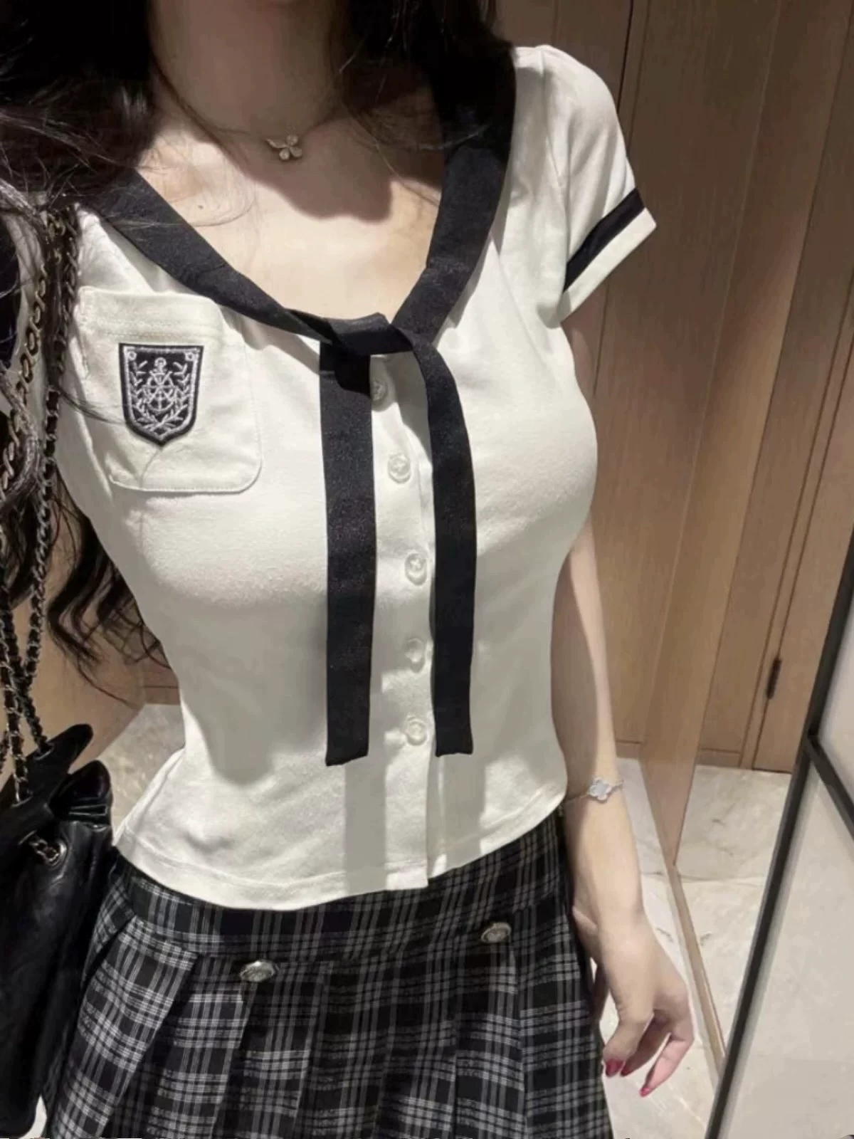 Летний комплект, pleated школьная юбка, темно-синяя рубашка, мини-юбка