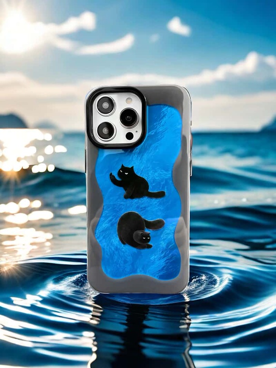 Black Cats Swimming Blue Water MagSafe Illustration iPhone Case