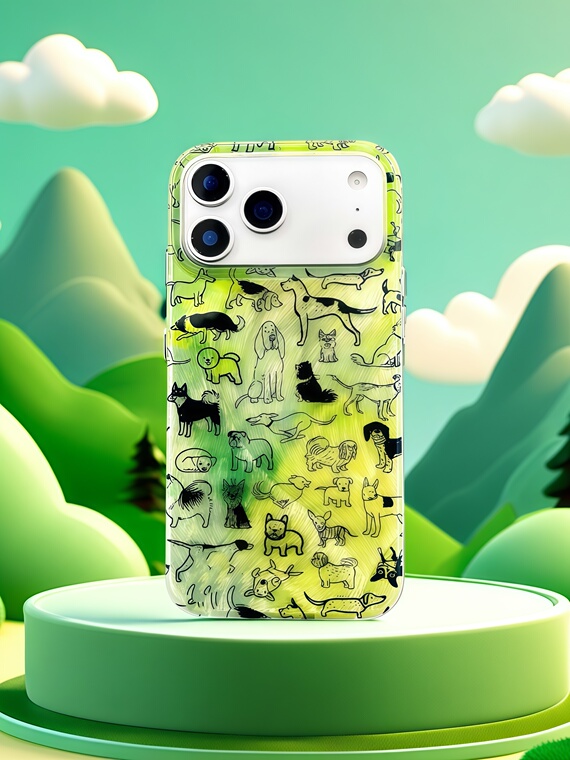 Lime Green Gradient Black Line Art Dog Pattern iPhone Case