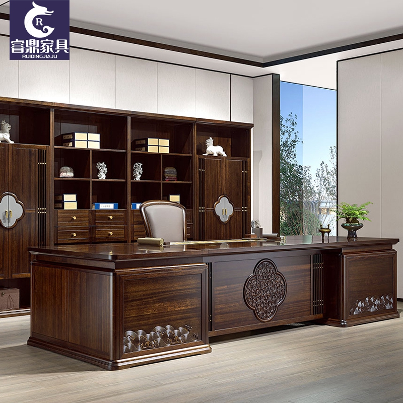 Office desk and chair combination new Chinese-style solid wood boss table chairman Wujinmu executive desk ebony desk customization