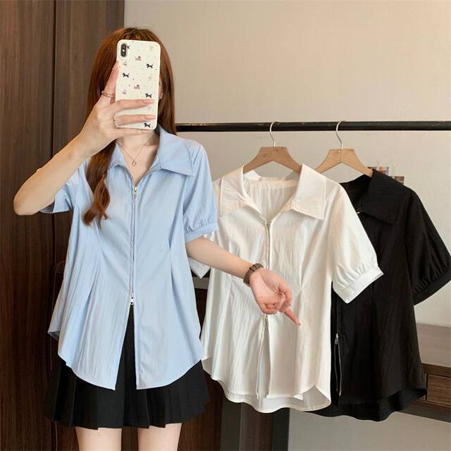 ເສື້ອເຊີດແຂນສັ້ນ Polo collar ຄົນອັບເດດ: 2025 summer plus size fat mm
