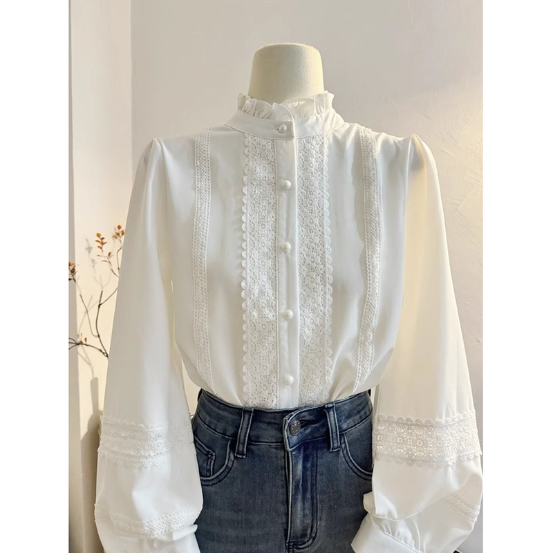 Lace-Trimmed White Ruffled Stand-Up Collar Shirt for Women, 2026 New Stylish Inner Wear Lantern Long-Sleeve Blouse Top