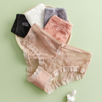 Sexy Lace Pure Cotton Crotch Lady Underwear Woman Mid-Waist Bottom Pants Breathable Mesh Yarn Transparent Hollowed-out Unscarred Ultra Slim Trousers Head