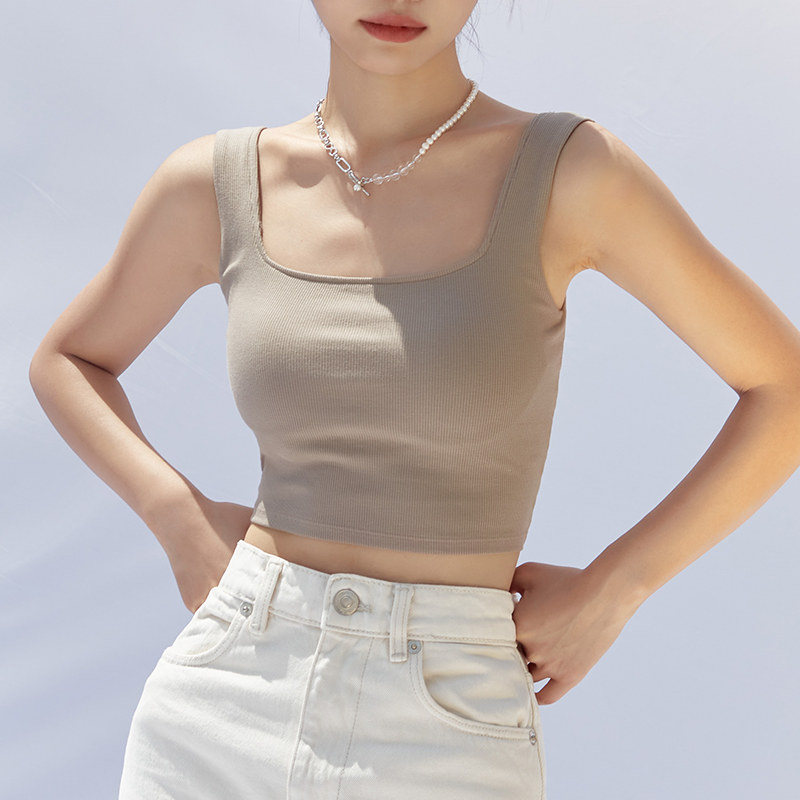 Camisole women's summer inner and outer wear square collar bottoming vertical stripes milk tea color tight short top with chest pad