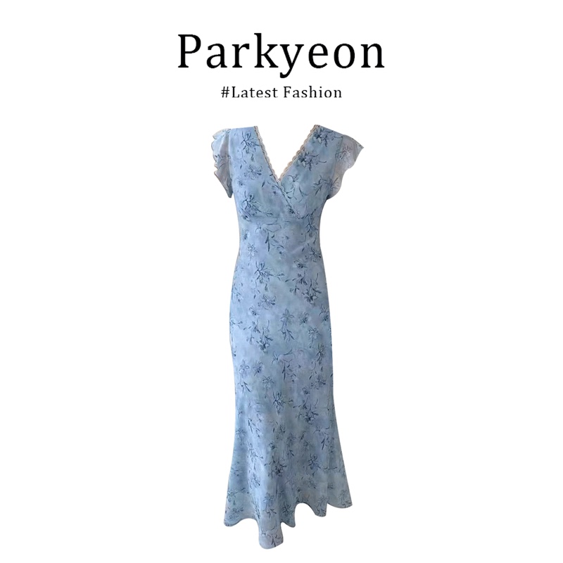 Parkyeon Summer Beautiful Blue V Neck Floral Dress for Women, High-End, Beautiful and Beautiful Waist-Cinching Long Skirt Parkyeon Summer Beautiful Blue V Neck Floral Dress for Women, High-End, Beautiful and Beautiful Waist-Cinching Long Skirt