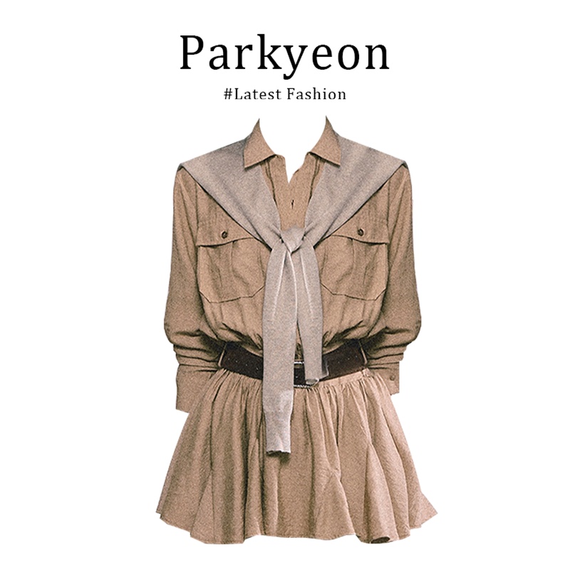 Parkyeon High-End Hepburn-Style Workwear Dress for Women, 2025 Autumn New Style, Waist-Cinching, Slimming, Puffy Short Skirt