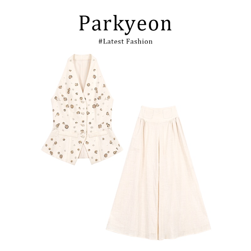 Parkyeon French-Style High-End White Embroidered Vest Halter Top Women's Slimming Wide-Leg Casual Pants Two-Piece Set Parkyeon French-Style High-End White Embroidered Vest Halter Top Women's Slimming Wide-Leg Casual Pants Two-Piece Set