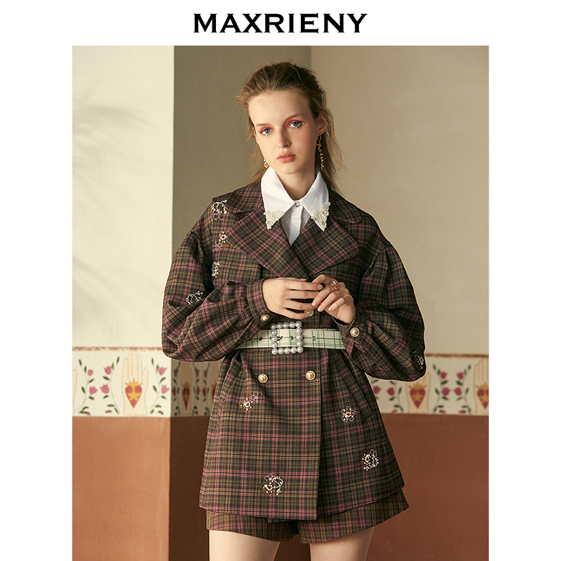 MAXRIENY2020 fashion short waist retro embroidered plaid small western jacket women's top