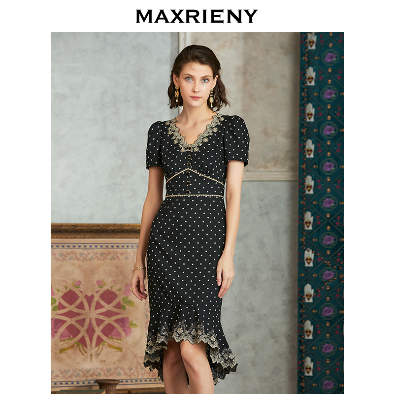 MAXRIENY2021 summer style retro wave dot bubble sleeveless tail skirt for waist long version V collar foreign dress for women's cashies