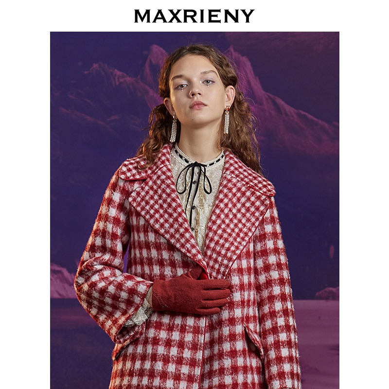 MAXRIENY red plaid mid-length plaid suit collar slim-fit double-sided wool coat new retro women