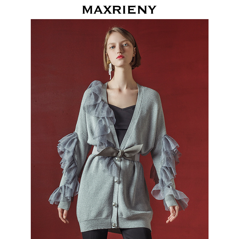 Vintage mới MAXRIENY của lưới dài tay đầu sen-gọng đột xuất dài ngày càng xuân dệt kim nữ cardigan