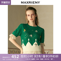 MAXRIENY Spring New Fashion Contrast Hollow Out Wool Knit Sweater Short Sleeve Sweater Women Slim