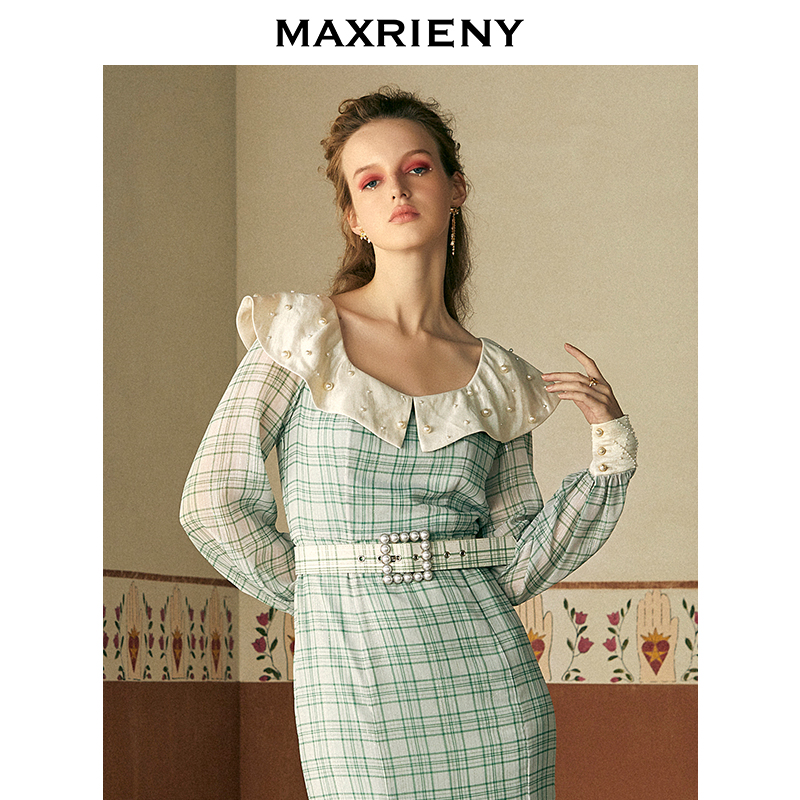 MAXRIENY2020 spring temperament plaid long-sleeved dress waist-closing elegant retro long skirt fishtail skirt
