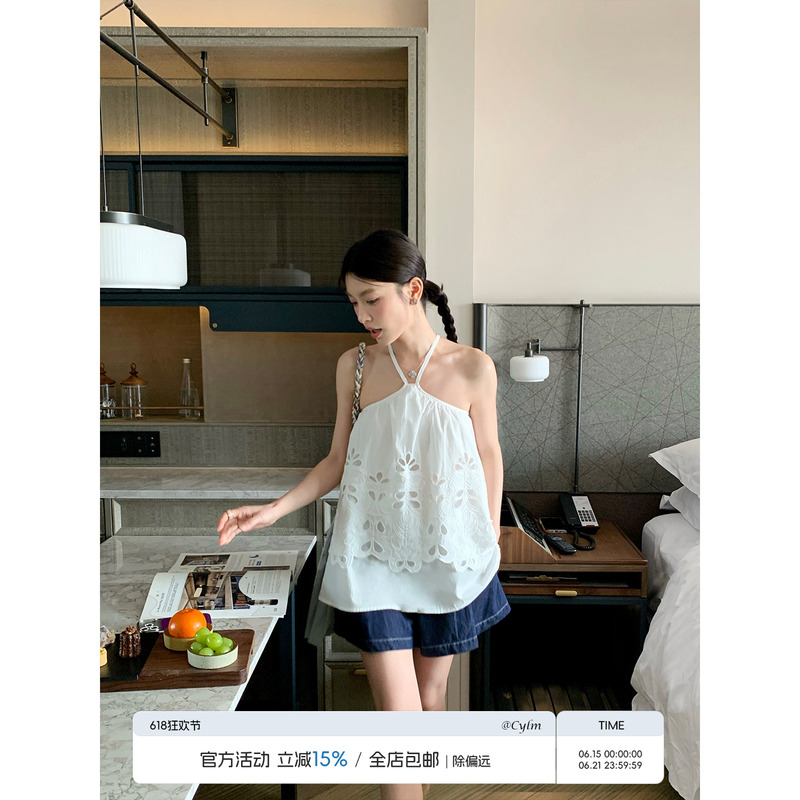 Cheng Yili Embroidered Halter Neck Cross-Shoulder Two-Way Camisole with a Unique Design, Hollow-Out Wide Hem A-Line 100% Cotton Top Cheng Yili Embroidered Halter Neck Cross-Shoulder Two-Way Camisole with a Unique Design, Hollow-Out Wide Hem A-Line 100% Cotton Top