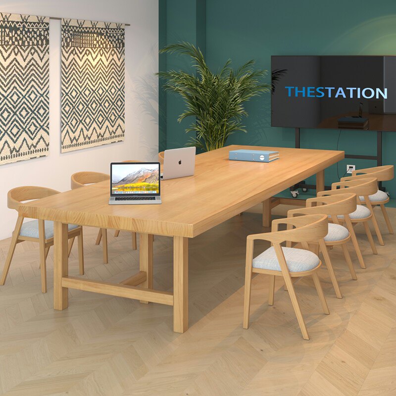 Brief Modern Full Wood Meeting Table And Chairs Composition Library Strip Large Table Office Long Table Bench Log-Taobao