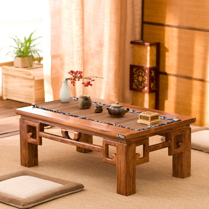 Chinese antique carved Kang table solid wood bay window table Zen Japanese tatami coffee table old elm wood small low table