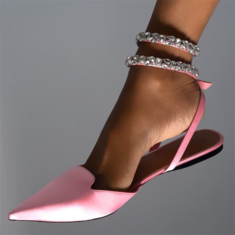 Cross-Border Plus Size 2024 Spring and Summer New Pointed Toe Sexy Rhinestone Strap Sandals Women's Flat Simple Pointed Toe Shoes