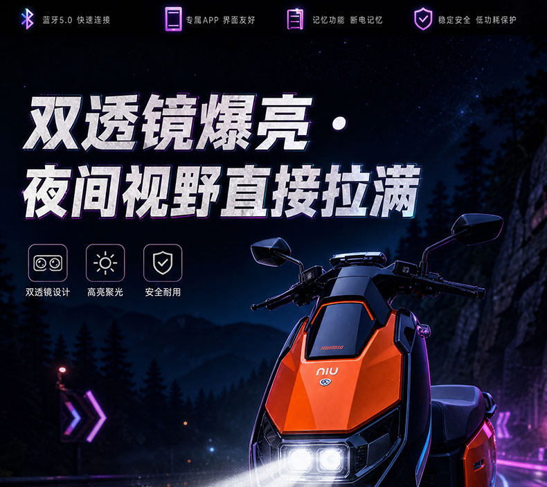 Nabo Fire Kirin is suitable for modification of headlights with lenses for the Niu FX series, featuring app-controlled LED strobe front headlights